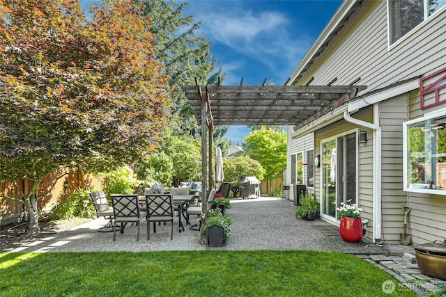 view of patio / terrace with grilling area, a fenced backyard, and a pergola