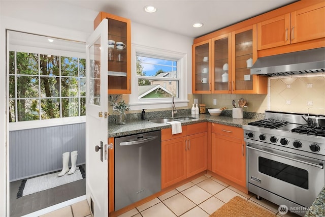 kitchen featuring tasteful backsplash, under cabinet range hood, dark stone counters, appliances with stainless steel finishes, and a sink