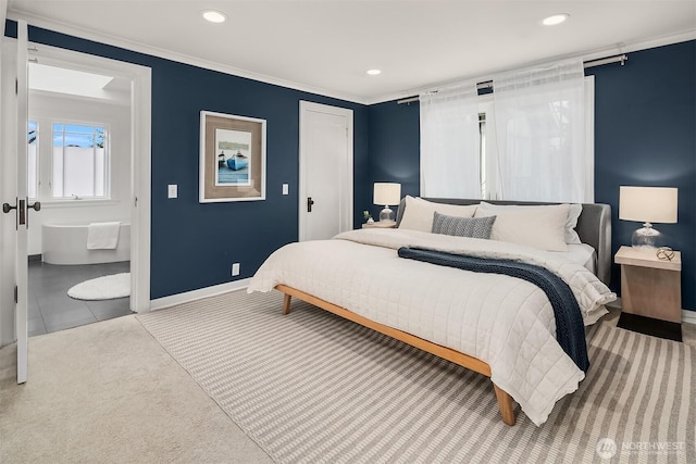 bedroom featuring ornamental molding, recessed lighting, connected bathroom, carpet flooring, and baseboards