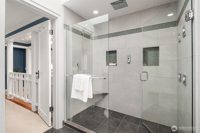 full bath with tile patterned flooring, a shower stall, recessed lighting, and visible vents