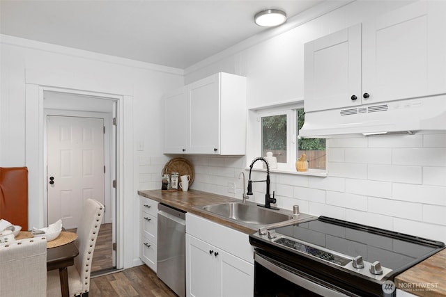 kitchen with under cabinet range hood, stainless steel appliances, white cabinets, and a sink