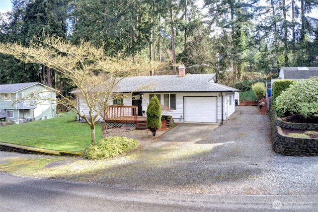 single story home featuring a front yard, roof with shingles, driveway, a chimney, and a garage