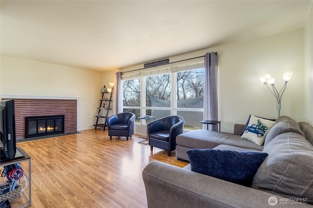 living area featuring wood finished floors and a fireplace