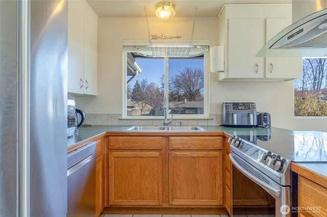 kitchen featuring under cabinet range hood, stainless steel appliances, light countertops, and a sink