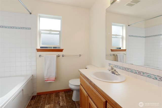 full bathroom with visible vents, plenty of natural light, toilet, and wood tiled floor