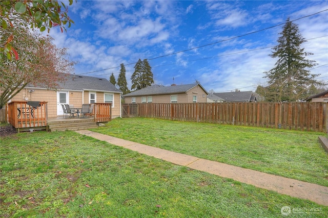 view of yard featuring a deck and a fenced backyard