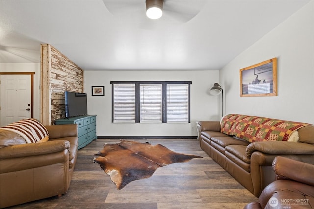154 Dreamscape Rd, Walla Walla, WA 99362 - living room with lofted ceiling, wood finished floors, and ceiling fan