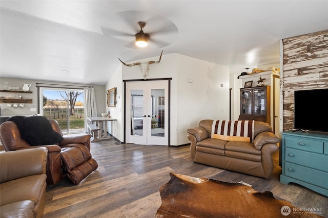 154 Dreamscape Rd, Walla Walla, WA 99362 - living room with a ceiling fan, wood finished floors, french doors, and lofted ceiling