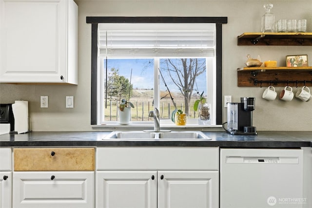 154 Dreamscape Rd, Walla Walla, WA 99362 - kitchen featuring a sink, dark countertops, white dishwasher, and white cabinetry