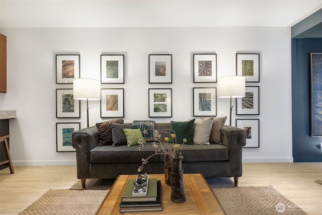 living area featuring wood finished floors and baseboards