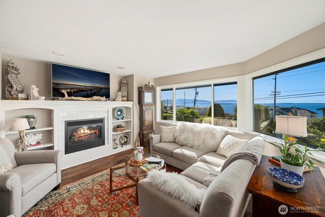 living room with a tiled fireplace and wood finished floors