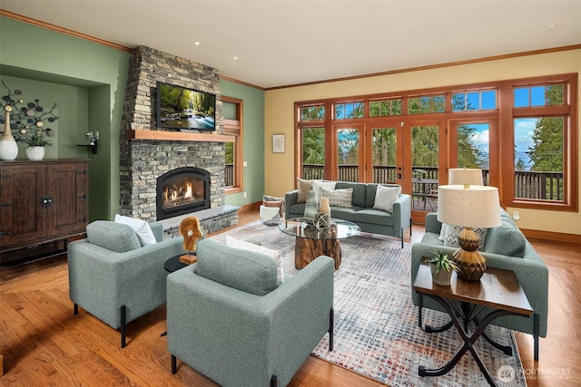 living area with baseboards, wood finished floors, ornamental molding, and a fireplace