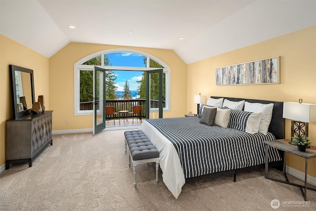 bedroom with baseboards, lofted ceiling, carpet, and access to exterior