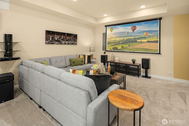 living room with light carpet, recessed lighting, and baseboards