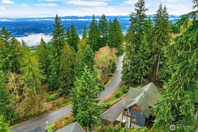 drone / aerial view with a wooded view