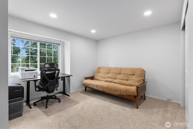 office space featuring recessed lighting and carpet flooring