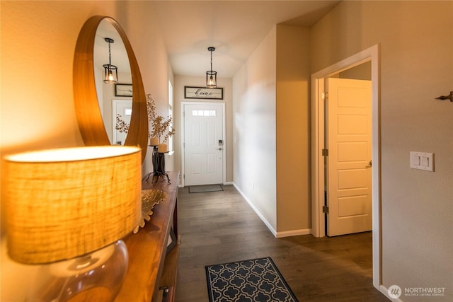 doorway to outside featuring baseboards and dark wood-style flooring