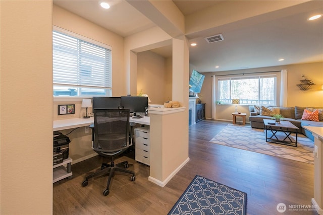 office area with visible vents, recessed lighting, baseboards, and wood finished floors