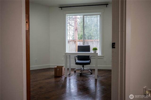 office space featuring dark wood finished floors and baseboards