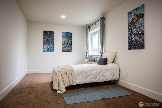 bedroom with recessed lighting, baseboards, and carpet floors