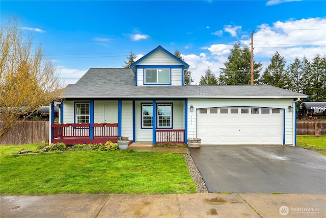 view of front of home featuring driveway, a front lawn, fence, covered porch, and an attached garage