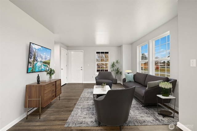 living area with baseboards and dark wood-style flooring