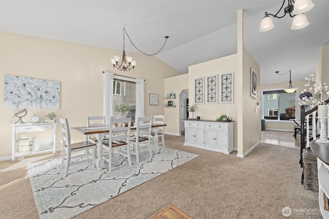 dining room featuring baseboards, stairs, lofted ceiling, light carpet, and a notable chandelier