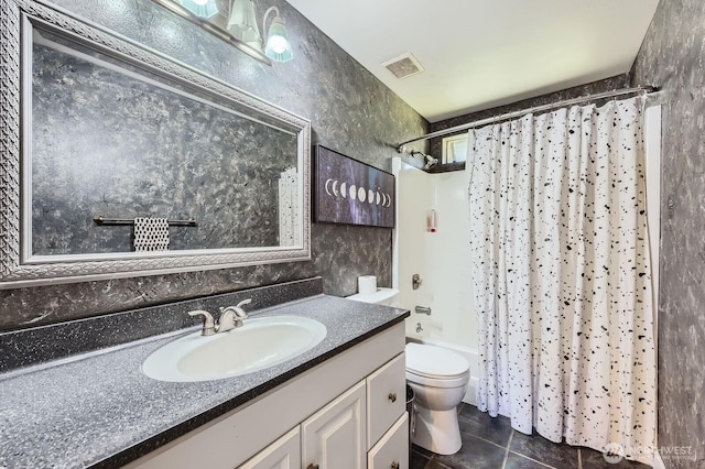 full bath featuring tile patterned floors, visible vents, toilet, shower / bath combination with curtain, and vanity