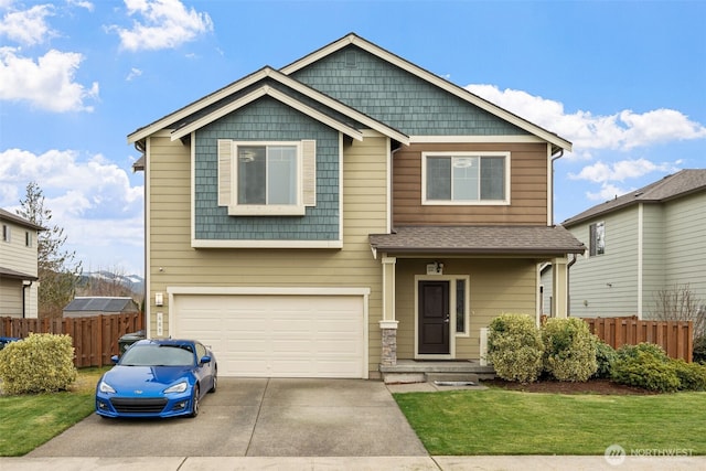 view of front facade featuring driveway, fence, roof with shingles, a front yard, and a garage