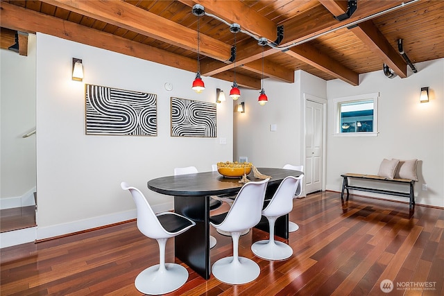 dining area featuring beamed ceiling, wooden ceiling, baseboards, and dark wood-style flooring