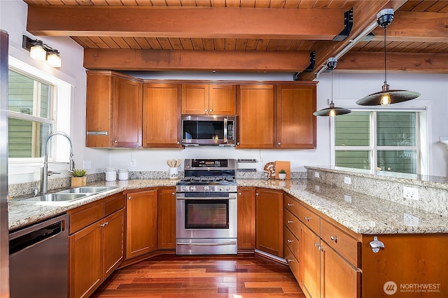 kitchen featuring a sink, wood ceiling, appliances with stainless steel finishes, brown cabinetry, and dark wood-style flooring