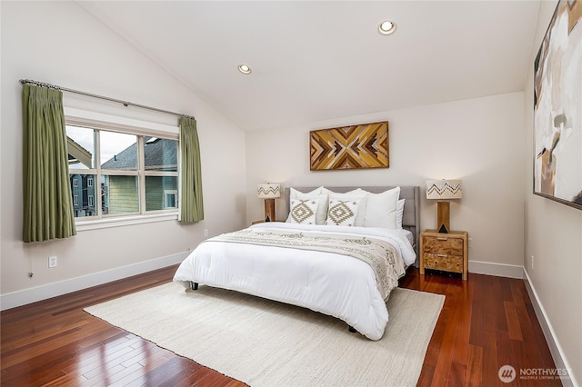 bedroom featuring recessed lighting, baseboards, lofted ceiling, and hardwood / wood-style flooring