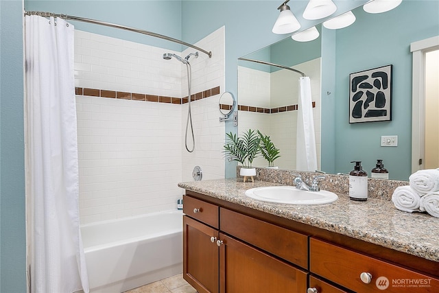 bathroom featuring shower / tub combo with curtain, vanity, and tile patterned flooring