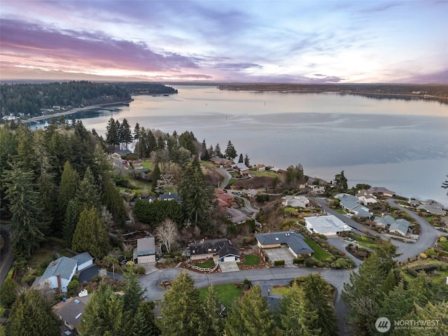 aerial view at dusk with a water view