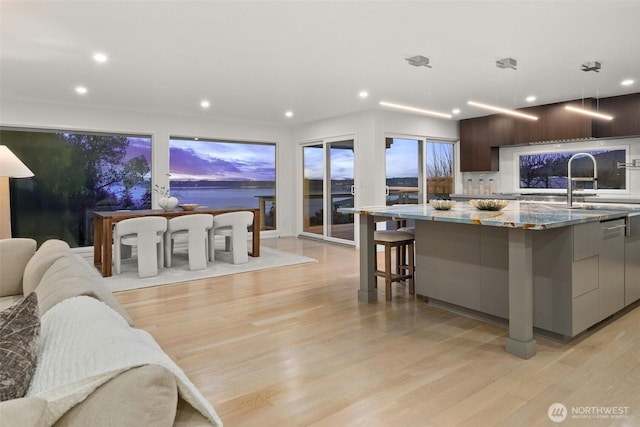 kitchen featuring light wood-type flooring, a large island, modern cabinets, and open floor plan