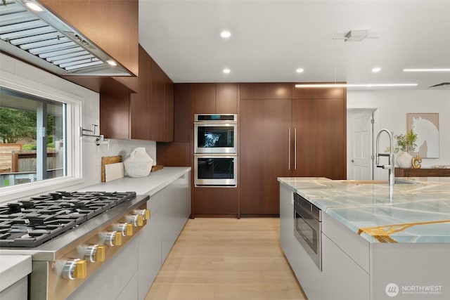 kitchen with range hood, light wood-style flooring, modern cabinets, and appliances with stainless steel finishes