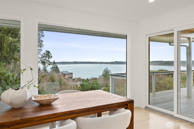 dining space featuring a water view and light wood-type flooring