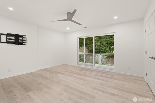 unfurnished room featuring visible vents, baseboards, recessed lighting, light wood-style floors, and a ceiling fan