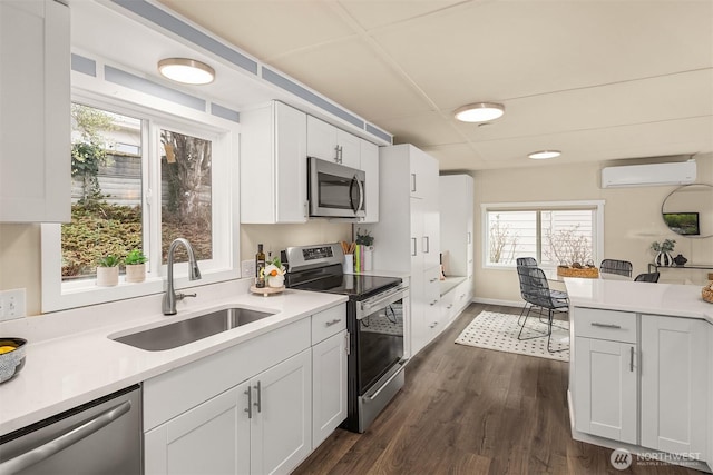 kitchen featuring dark wood-type flooring, light countertops, appliances with stainless steel finishes, a wall mounted AC, and a sink