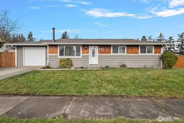 ranch-style home with driveway, a front yard, a garage, and fence