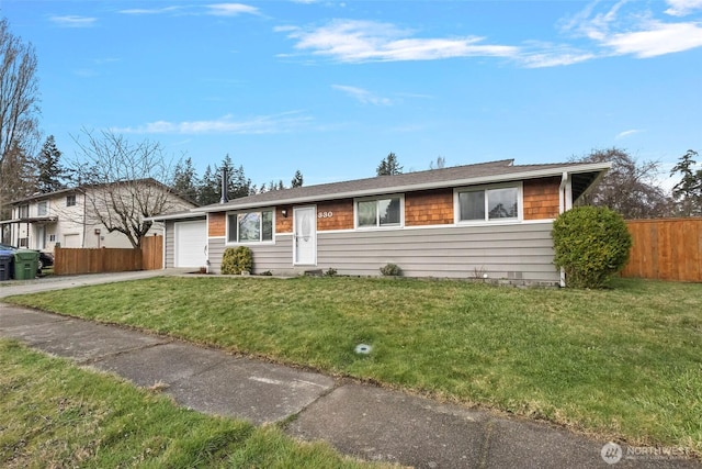 single story home featuring driveway, an attached garage, a front lawn, and fence