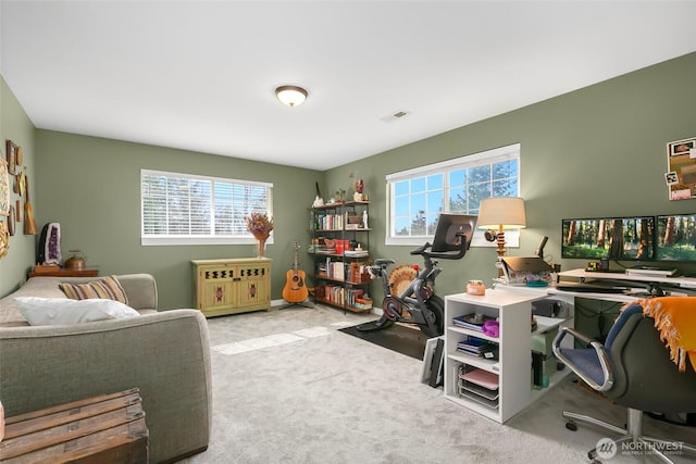 home office with visible vents, a healthy amount of sunlight, and carpet