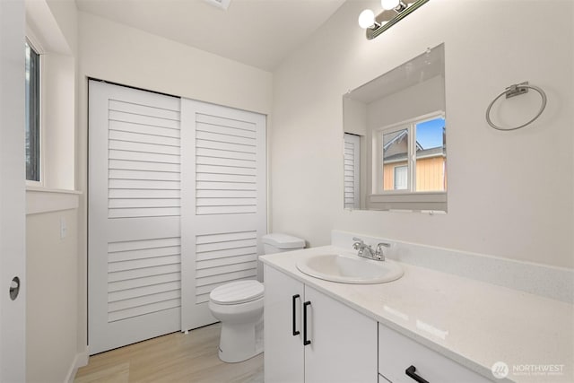 bathroom with vanity, toilet, and wood finished floors