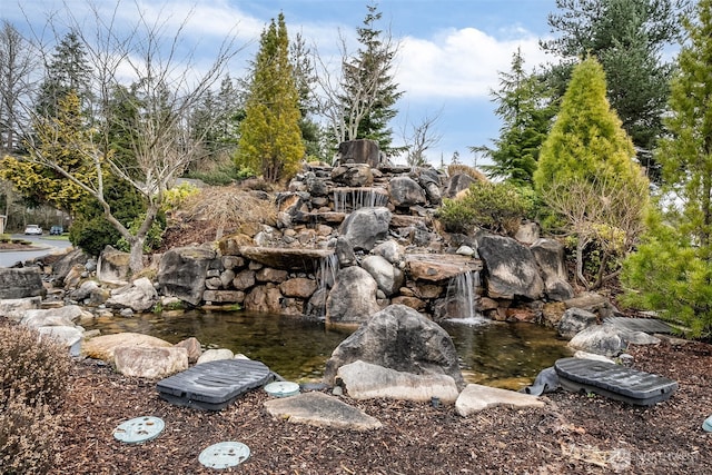 view of yard featuring a garden pond