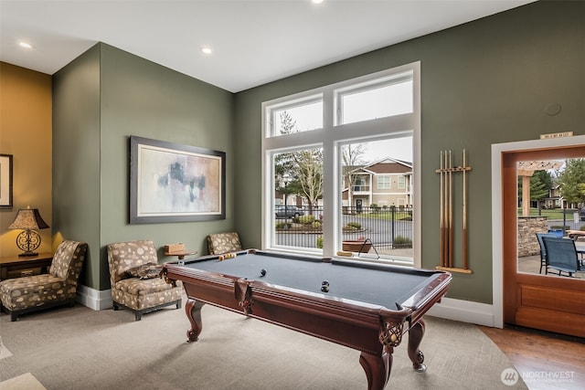 rec room featuring recessed lighting, billiards, and baseboards