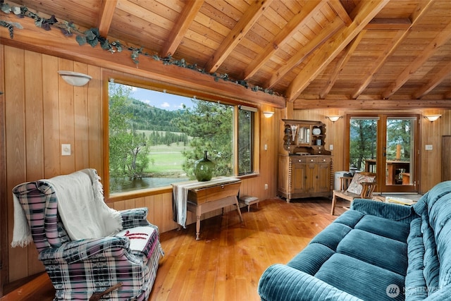 living room featuring wood ceiling, a healthy amount of sunlight, and wood walls