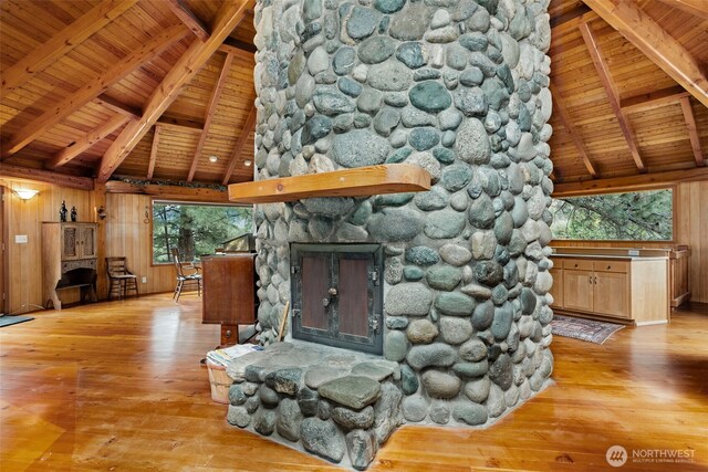 unfurnished living room with a fireplace and wood ceiling