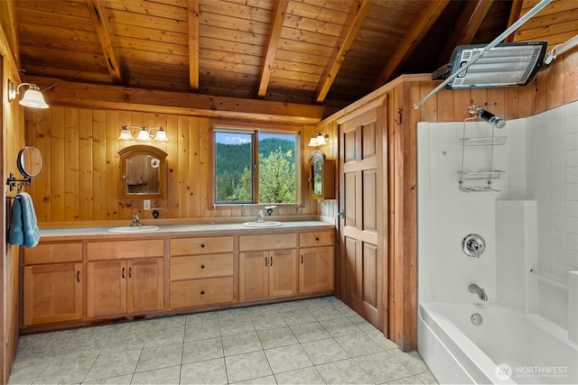 bathroom with tile patterned flooring, vaulted ceiling with beams, wooden ceiling,  shower combination, and a sink