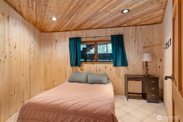 bedroom with recessed lighting, wood walls, and wooden ceiling