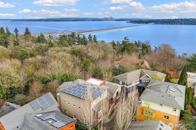 bird's eye view with a water view